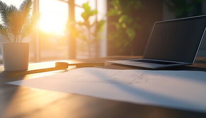 Poster - A warm, sunlit workspace featuring a laptop, a potted plant, and a blank sheet on a desk, creating an inviting and productive atmosphere.