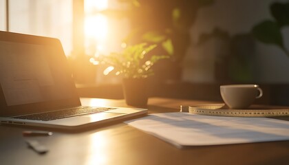 Poster - A cozy workspace featuring a laptop, a cup of coffee, paper, and a plant, illuminated by warm sunlight.