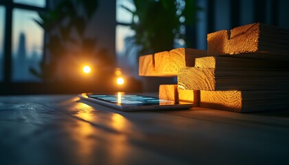 Poster - A serene indoor scene featuring warm light, wooden blocks, and a smartphone, with a blurred city skyline in the background.