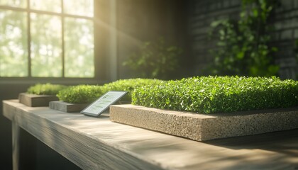 Poster - A well-lit indoor setting featuring green grass samples displayed on a wooden table next to a smartphone, surrounded by greenery and natural light.
