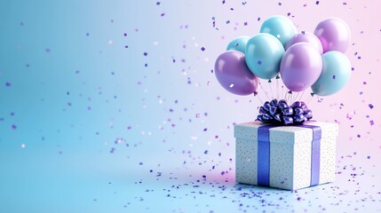 Canvas Print - White gift box with blue and purple balloons on top, confetti falling around it, blue and pink background.