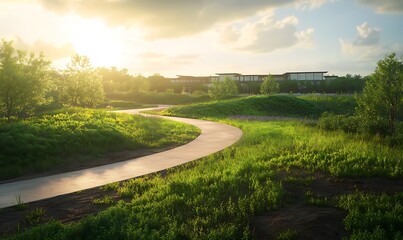 Aufkleber - A serene landscape featuring a winding path surrounded by lush greenery under a bright sky at sunset, conveying tranquility and natural beauty.