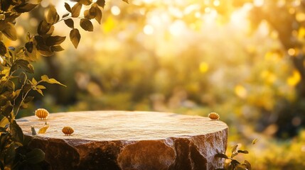 Poster - A rustic wooden table top in a blurred nature background with golden sunlight.