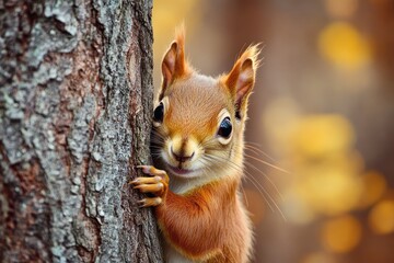 Wall Mural - Red Squirrel Peeking from Behind a Tree Trunk