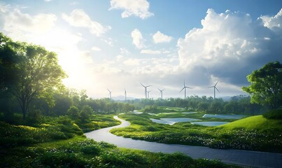 Aufkleber - A serene landscape featuring lush greenery, gentle hills, a winding path, and a bright sky with clouds, suggesting tranquility and natural beauty.