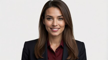 Headshot portrait of young happy businesswoman casual attire isolated on white background