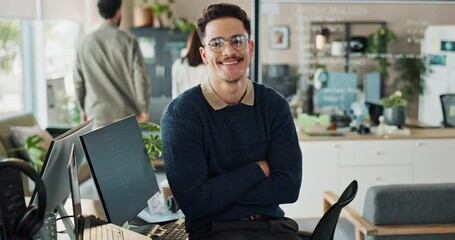 Fototapete - Man, office and face with arms crossed for coding, programing and system update as software engineer. Male person, employee and portrait with happiness for innovation project and data development