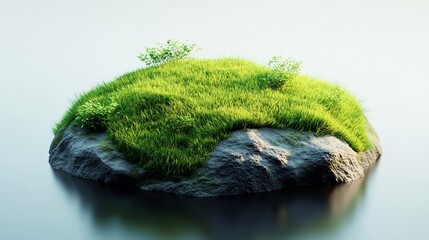 Canvas Print - A small, grassy island with a rocky base sits in a still body of water.