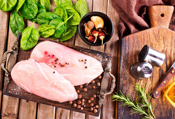 Wall Mural - Fresh chicken breast fillet on a wooden table