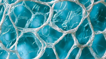 A close-up of a white mesh material against a teal background