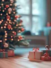 Wall Mural - Blurred background on chrismas tree with gift boxes in living room, backdrop