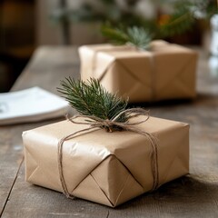 Wall Mural - Eco-friendly Christmas gift wrapped in kraft paper, tied with twine, and decorated with a small pine sprig, minimalist and natural holiday packaging, Scandinavian style, selective focus, copy space