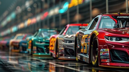 A vibrant lineup of cars at the starting grid, ready for an intense race. The scene captures the energy and anticipation of motorsport competition.