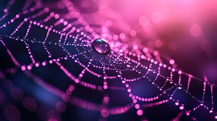 A spider web shining with tiny water droplets on a dark purple and pink background, designed for Halloween party-themed posters, banners, or greeting cards.