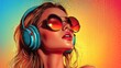 © minhnhat - A stylish young woman listening to music with massive headphones, symbolizing the energy and joy of retro-themed parties, offering a vibrant depiction of music and club culture.