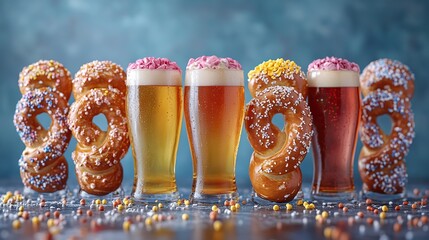 A traditional pretzel and beer on a blue background symbolize German festivities like Oktoberfest, perfect for themed banners and food promotions.