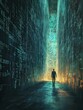 © Business Pics - A lone coder stands in a mysterious digital realm, deciphering the code hidden within a glowing wall. He searches for answers, navigating through the intricate patterns of data, uncovering the truth