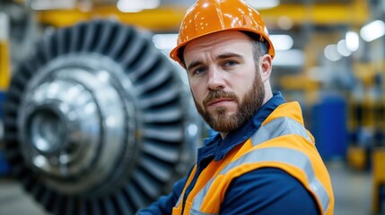 Wall Mural - Bearded male worker or engineer in orange hard hat standing in an industrial plant or factory surrounded by large machinery and equipment like gears turbines and other industrial tools and technology