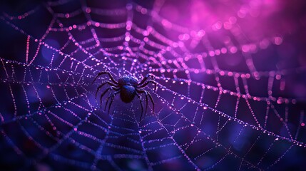 A wild spider web with water droplets shining on a dark purple background, designed as a creepy yet elegant Halloween party backdrop for banners or greeting cards.