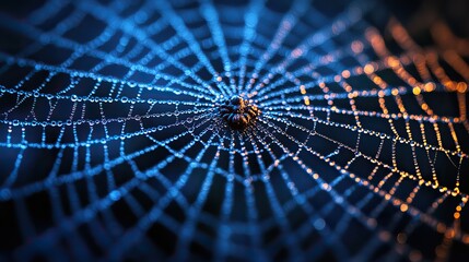 A wild spider web with water droplets sparkling on a dark blue background, designed as a closeup backdrop for Halloween party posters, greeting cards, or banners.