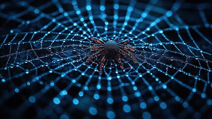 A wild spider web with water droplets sparkling on a dark blue background, designed as a closeup backdrop for Halloween party posters, greeting cards, or banners.