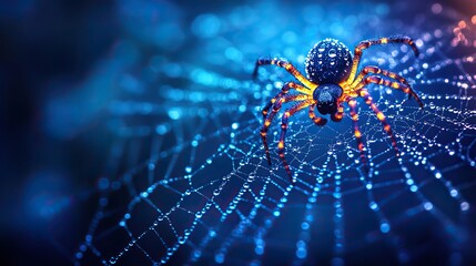 A wild spider web with water droplets sparkling on a dark blue background, designed as a closeup backdrop for Halloween party posters, greeting cards, or banners.