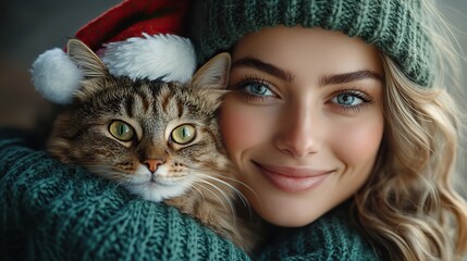 A woman holding a cat with a Santa hat on a green background symbolizes Christmas and New Year celebrations, perfect for holiday banners and cards.