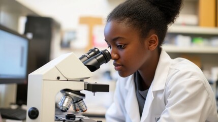 Female scientist in lab gear examining samples under microscope