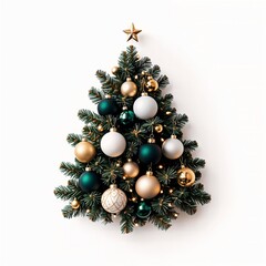 Stylized Christmas tree made of fir branches with gold, white, and green ornaments on white background. Contemporary holiday setup for greeting card, festive promotion and seasonal home decor.