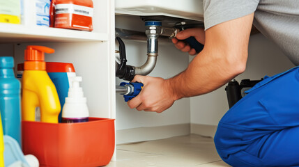 Plumber fixing pipes under sink with tools and colorful cleaning supplies