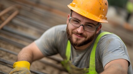 Construction worker in yellow hardhat and safety gear setting up steel rebar framework for a building s concrete foundation at a construction site preparing for infrastructure development