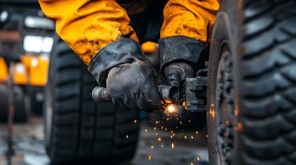 Welder using a welding torch to repair a heavy duty truck frame with sparks flying as they work on the metal structure in an industrial workshop setting