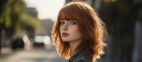 Modern mullet hairstyle, shoulder-length with layered bangs, natural red hair color, well-lit background 