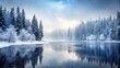 © Watcharapon - Frozen lake surrounded by misty forest in serene winter scene with snowfall under gray sky, snow, winter, frozen, lake, misty