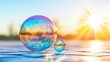 © ArtisticSnap - Vibrant soap bubbles reflecting sunlight on a serene surface at sunset.
