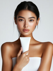 Wall Mural - young Asian woman holding white cosmetic tube, showcasing her radiant skin and natural beauty. Her expression is calm and confident, emphasizing product