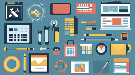 Flat design icons for website development, programming, design, and marketing.