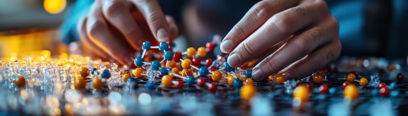Wall Mural - hands assembling molecular model with colorful atoms on a reflective surface in a scientific laborat