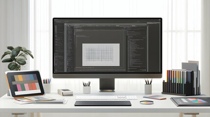 A clean and modern workspace with a computer displaying code, a tablet, and various design elements.