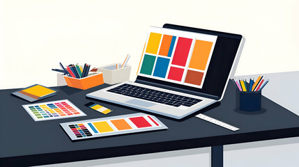 A laptop on a desk with color swatches and pencils.