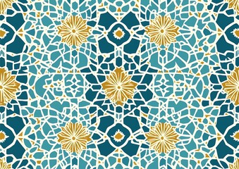 a simple, flat vector seamless pattern of moroccan geometric patterns in light blue and teal with go