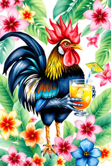 Wall Mural - A colorful rooster holding a tropical drink surrounded by vibrant flowers and leaves.