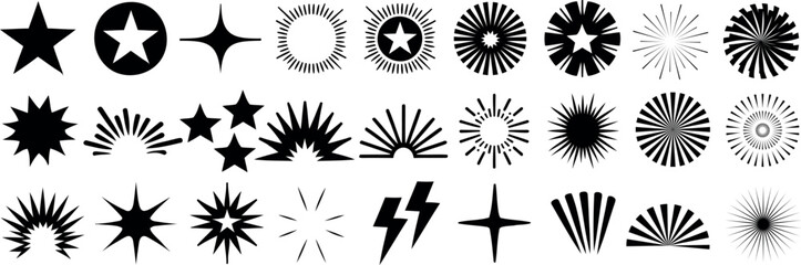 Wall Mural - star and sunburst icon set featuring a variety of radiating sun shapes silhouette, and radiating des