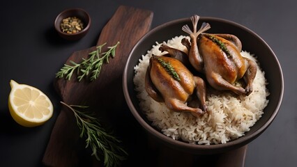 A bowl of rice topped with two roasted quails and herbs.