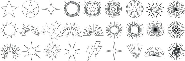 Wall Mural - sunburst vector outline set, retro stars, and lightning bolt line art designs for logos, branding, a