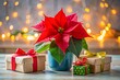 © Curie - Vibrant Christmas Poinsettia with Gift Boxes on a Light Table Capturing Holiday Cheer and Festive Spirit in Perfect Rule of Thirds Composition