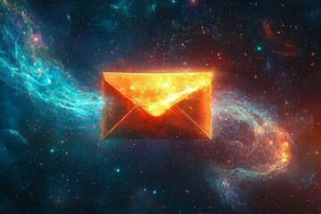Wall Mural - an envelope floating in space, glowing with celestial energy and shimmering colors.