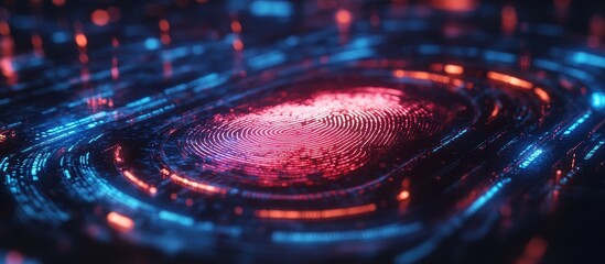 Wall Mural - futuristic digital fingerprint with neon lights and circuit patterns in a cybersecurity conceptual b
