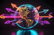 © Neon Gallery - A dynamic neon wireframe globe with interconnected arrows representing global mergers and acquisitions set against a dark backdrop.