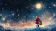 © Five Million Stocks - Santa Carrying a Sack of Presents Across a Starry Sky, With a Bright Moon and Ample Dark Space Around for Christmas Wishes, Family Holiday Cards, or Marketing Copy